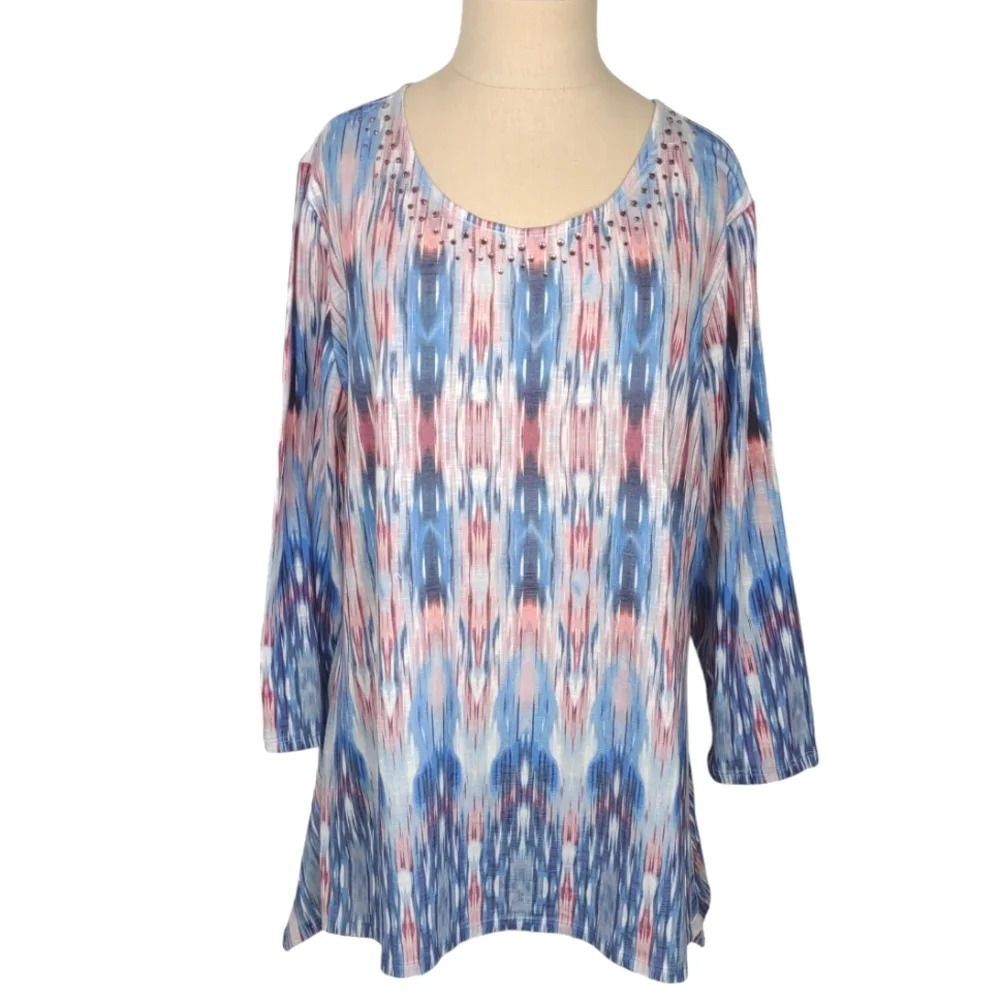 Ruby Rd. Favorites Geometric Tunic Top with Sequin Neckline Pink and Blue size L